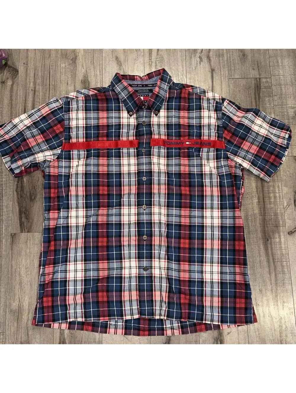 Vintage Tommy Jeans Tartan Button Front Shirt‎ Red Navy White Embroidered Preppy